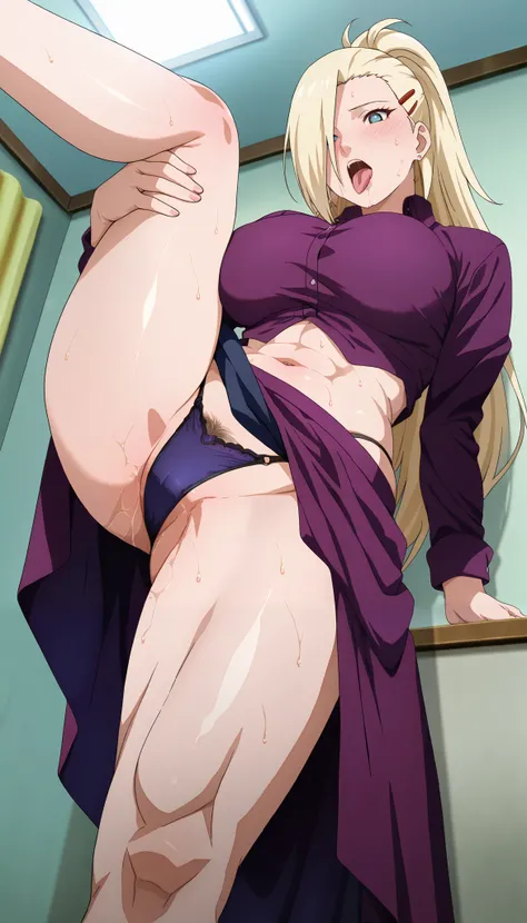 masterpiece, best quality, amazing quality, anime coloring, anime screencap, 1girl, mature female,  yamanaka ino, blonde hair, blue eyes, hair over one eyes, high ponytail,hairclip,  collared shirt, purple shirt, purple long skirt, thong,hairclip, navel,  ...