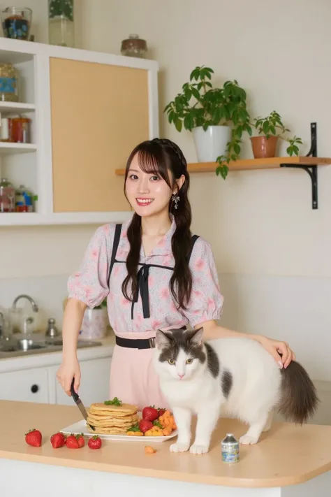 "A cheerful young woman with braided auburn hair, wearing a pastel-colored apron, stands in a bright kitchen, preparing pancakes. A mischievous white cat sits on the counter, playfully reaching for a strawberry. The kitchen is decorated with rustic wooden ...