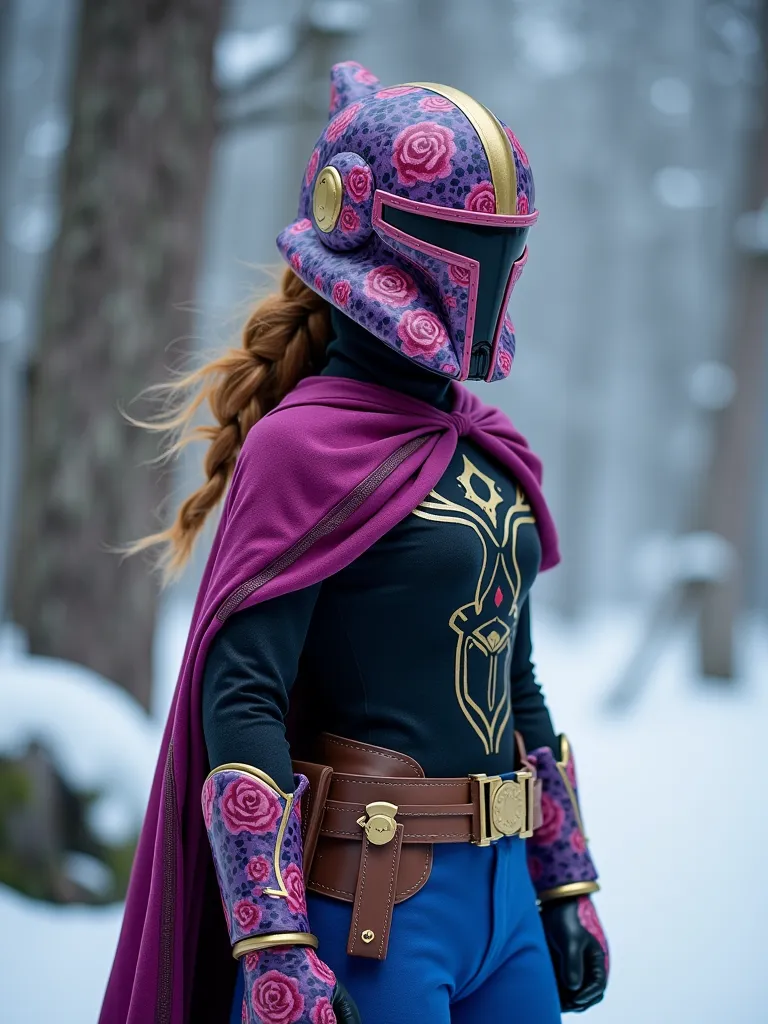 , Live action Disney Princess Anna as a female Mandolorian bounty hunter stylized in her colors black, Fuchsia, Purple, navy blue, and gold trim, full helmet customized rose and vine patterns, Star Wars, on a frozen planet Hoth 