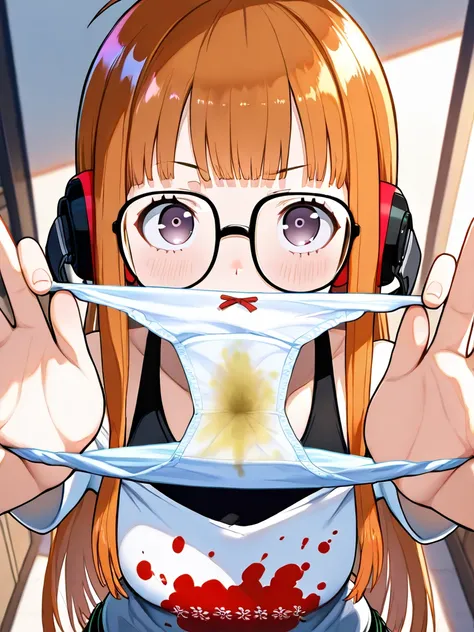 Sakura Futaba, clothed, (fit situation), glamorous, leggy, chunky legs, curvy, (upper body), {{{holding out Stained panties}}}, vaginal discharge stain There are stains of vaginal discharge and urine, which look smelly, {give panties},present for viewer,{{...