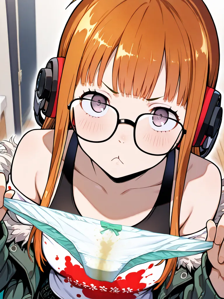 Sakura Futaba, clothed, (fit situation), glamorous, leggy, chunky legs, curvy, (upper body), {{{holding out Stained panties}}}, vaginal discharge stain There are stains of vaginal discharge and urine, which look smelly, {give panties},present for viewer,{{...