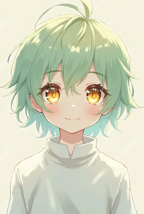 A little anime boy, light green hair,  your eyes are golden, your skin is pale, his clothes are white.
