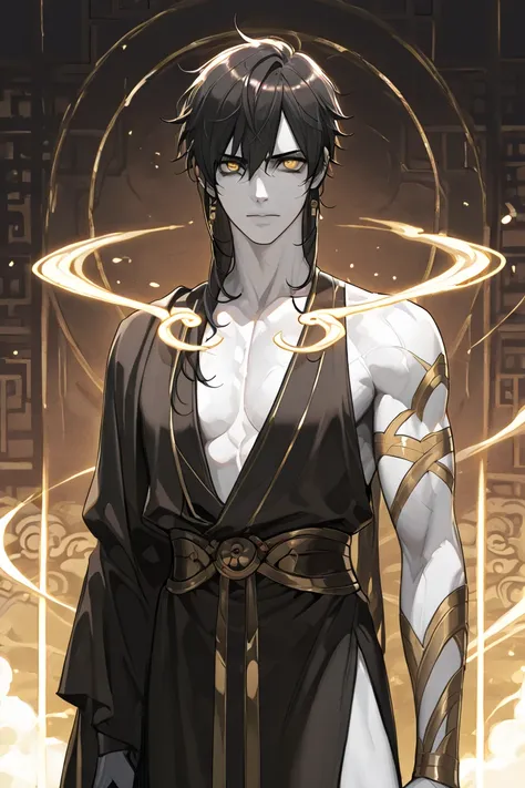 Demigod , man, high, strong, extremely white skin,  golden eyes, black hair, Wear noble Chinese robes.