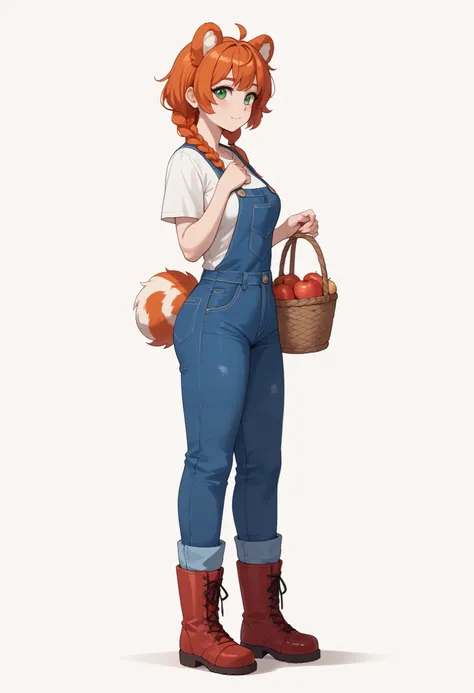 (Masterpiece) (High Detail) (High Res) A short curvy slim Humanoid red_panda Female with tanned human skin and bright green eyes and long braided orange hair and fluffy orange red_panda ears and a long fluffy red_panda tail and medium breasts. She is weari...