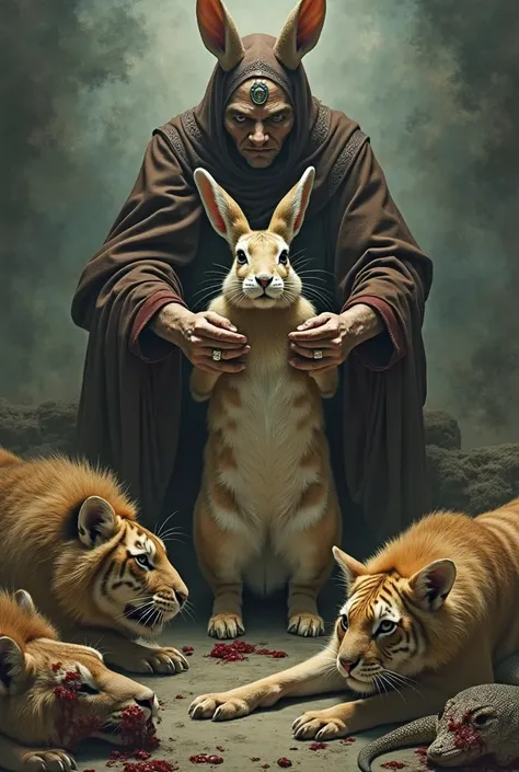 Make a rabbit with three animals around it dead a lion, a tiger and a lizard while God has the rabbit gripped by the ears 