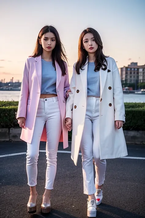 2girls, full body, standing, bare legs, light skin, pink long hair, sky blue eyes, white shirts, purple long coat, blue pants, platform oxford booties