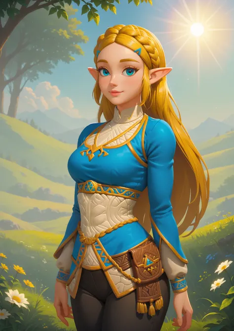 ((princess zelda)), ((botw style)), ((masterpiece)), ((high resolution)), ((solo portrait)), {(attractive figure), (slim waist), (beautiful legs), (yellow braided hair), (pointed elf ears), (cute blue eyes), (long eyelashes), (lush lips), (cute smile)}, {(...