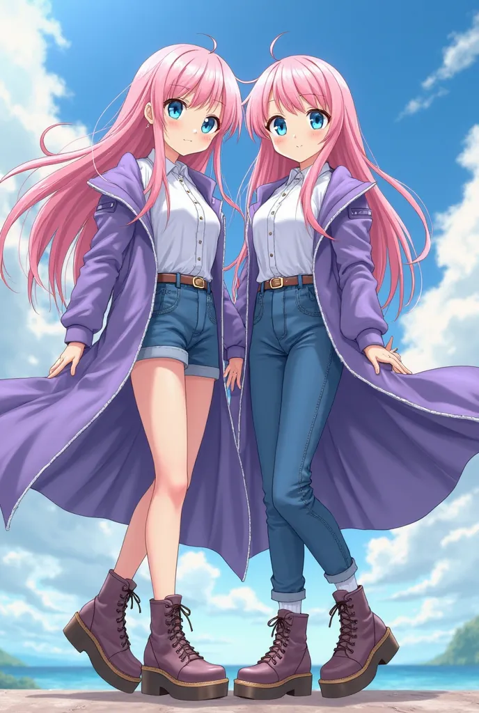 anime girls, 2girls, full body, standing, bare legs, light skin, pink long hair, sky blue eyes, white shirts, purple long coat, blue pants, platform oxford booties