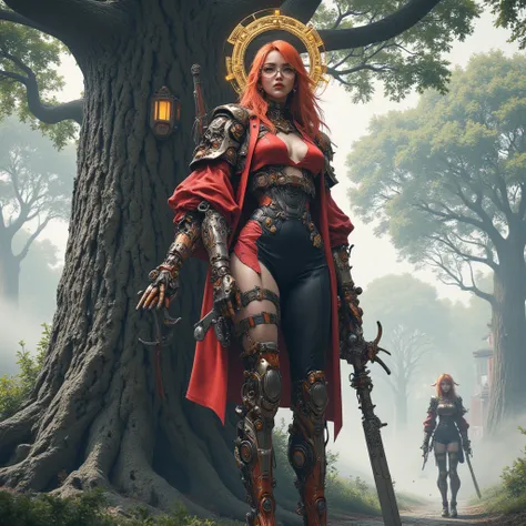 - Main Character, Adult Female "Fiji", Beautiful, Tall, Long Legs, Wearing Monocle Glasses, Red Hair, Halo Circle Full of Gold Shining Engravings.

- Wearing a costume ("Full Sexy Armor").
Chest and Thigh Armor are slightly open.
Futuristic Costume Design....