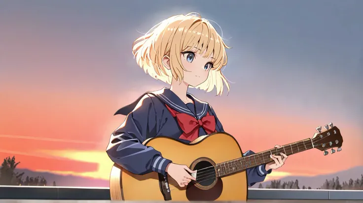 ( masterpiece, TOP QUALITY:1.2),  extremely detailed,  soft ambient lighting , sharp concentration, 4K,1 girl,blonde hair,bobbed hair,Age 15,Winter uniform（ sailor suit）, in the center {x} acoustic guitar, playing guitar,place:garden, Time Zone:evening, ba...