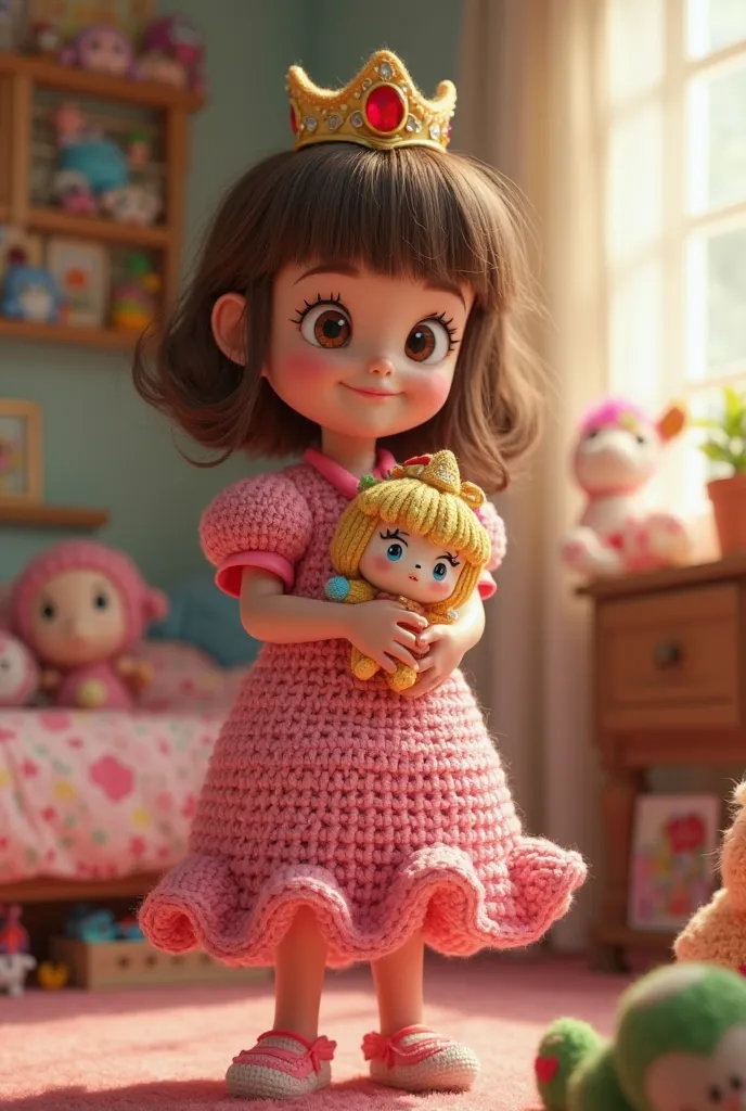 Pixar style: A  girl with thin brown hair with bangs disguised as Princess Peach and has an amigurumi in her hand is in her room full of toys