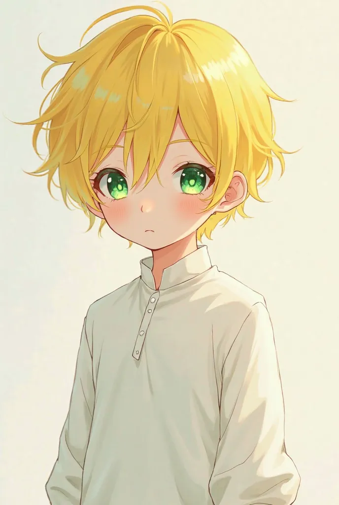 A little anime boy, luminous yellow hair,  Your eyes are green, your skin is pale, his clothes are white.
