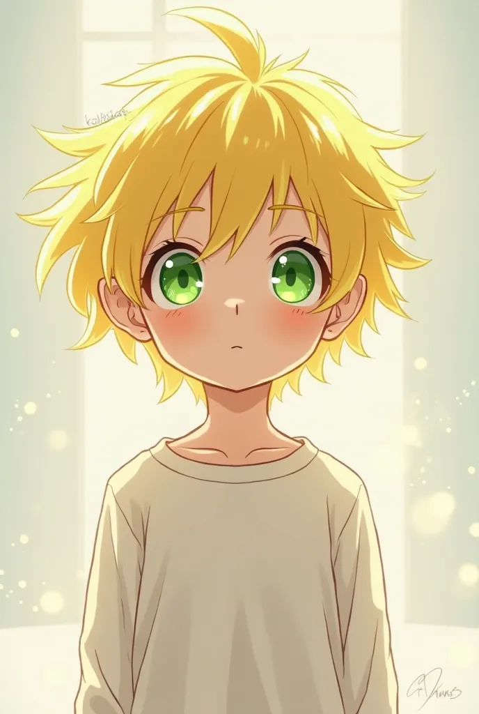 A little anime boy, luminous yellow hair,  Your eyes are green, your skin is pale, his clothes are white.
