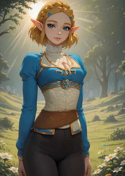 ((princess zelda)), ((botw style)), ((masterpiece)), ((high resolution)), ((solo portrait)), {(attractive figure), (slim waist), (beautiful legs), (yellow braided hair), (pointed elf ears), (cute blue eyes), (long eyelashes), (lush lips), (cute smile)}, {(...