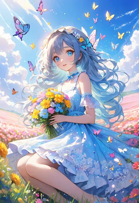 anime、kawaii"An surreal girl is sitting in a vast flower field. She is holding a colorful bouquet of flowers, and in the background there is a blue sky with white clouds. Butterflies are fluttering in the sky, and sparkling light particles are floating in ...