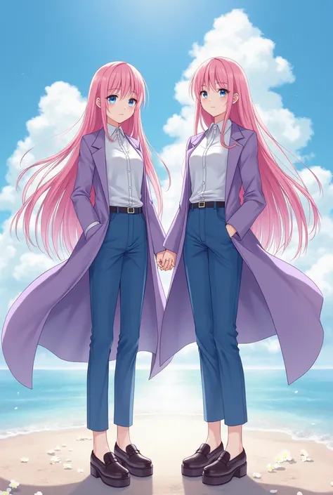 anime girls, 2girls, full body, standing, bare legs, light skin, pink long hair, sky blue eyes, white shirts, purple long coat, blue pants, platform oxford shoes