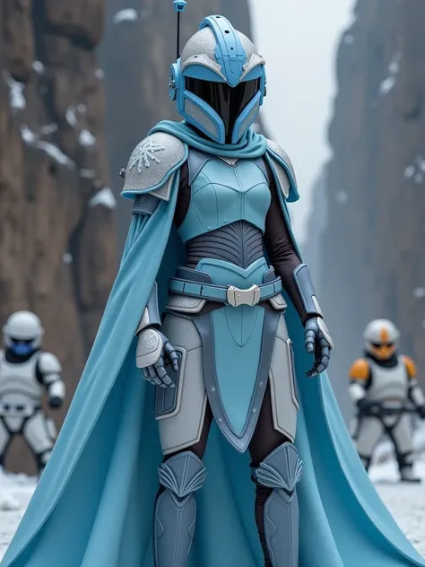 , Live action Disney Princess Elsa as a female Mandolorian bounty hunter stylized in her colors light blue, and powder blue trim, full helmet customized snowflake patterns, Star Wars, on a frozen planet Hoth 