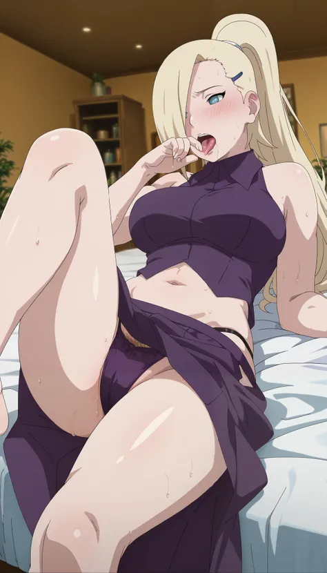 masterpiece, best quality, amazing quality, anime coloring, anime screencap, 1girl, mature female,  yamanaka ino, blonde hair, blue eyes, hair over one eyes, high ponytail,hairclip,  collared shirt, purple shirt, purple long skirt, thong,hairclip, navel,  ...