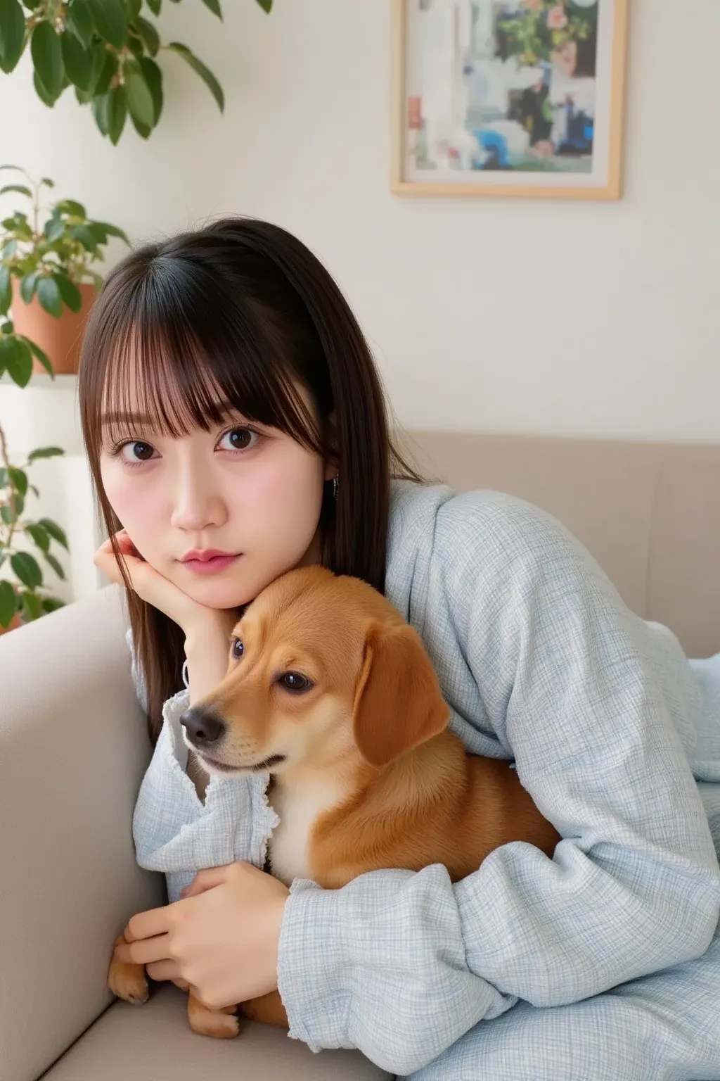 「On the sofa、A young woman is snuggling up and taking a nap with a Shiba Inu。She is putting on a fluffy blanket、and sleeping in a roll up so that the dog feels safe。has foliage plants and bookshelves in the room、Calm space。」







