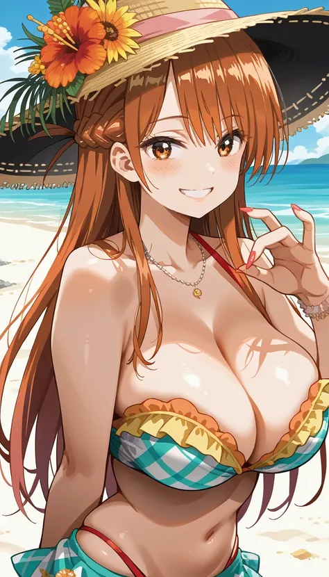 score_9, score_8_arriba, score_7_arriba,   source  _animated, CHIZURU ICHINOSE, CHIZURU ICHINOSE,   source  _animated, masterpiece,the best quality, huge breasts,  flash gyaru ,  smile, Cogal ,  sexy woman , sensual pose, seductive  smile,  strapless bikin...