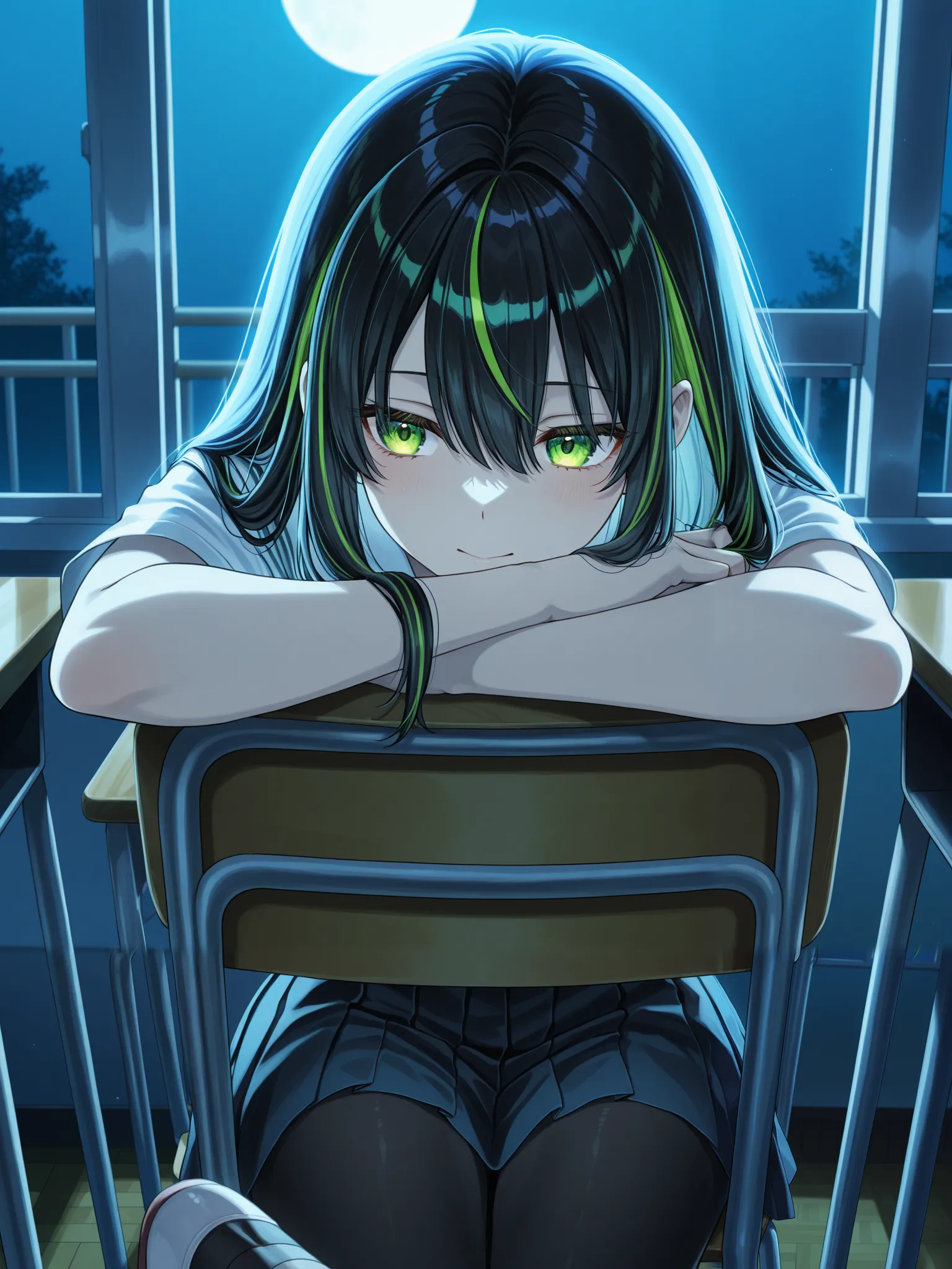 Black hair like the darkest abyss, Irisdecense blue-green highlights with tips,Beautiful female face,High resolution,8K Details and resolution, background: inside a Japanese classroom..  at night, She sitting on the chair ,POV watching her head-on (Her bod...