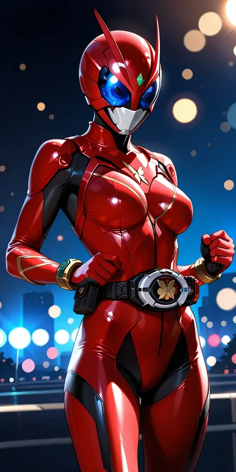 a beautiful female "Kamen rider"; Butterfly motif, sexy proportions slim body, powerful protector of justice, wearing a bare and red full-face heroic helmet, bare and red heroic sexy suit, transformation belt, ((All the very short hair is tucked away and c...