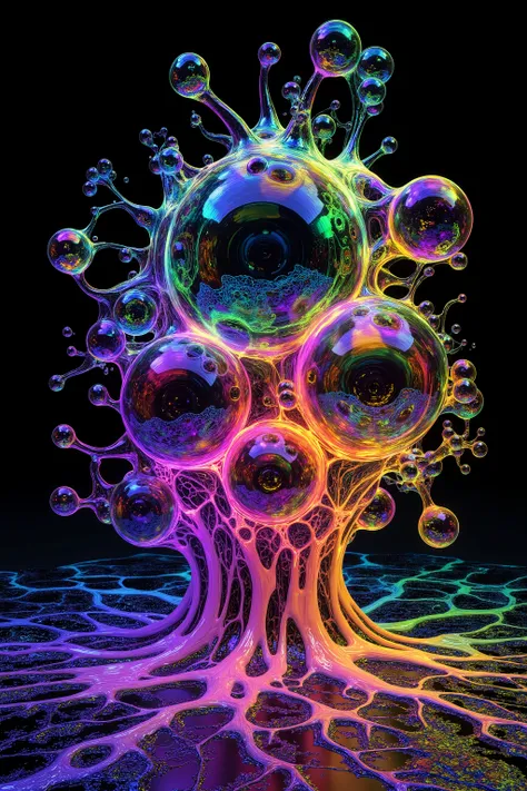 a psychedelic digital art,ultra-detailed vibrant fluorescent neon colors,intricate rainbow glass-like environment,shimmering glass bubbles morphing out of swirling colors,glowing light and reflection,4d mandelbulb psychedelic landscape,bright overexposed b...