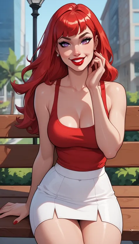   A smiling girl with long straight red hair with bangs,  shiny purple eyes  , in the middle of the face   ,    bright red lipstick   ,   Face with sharp angles  ,    look severe,   perfect fingers  ,  red tank top and white mini skirt , Thick thighs showi...