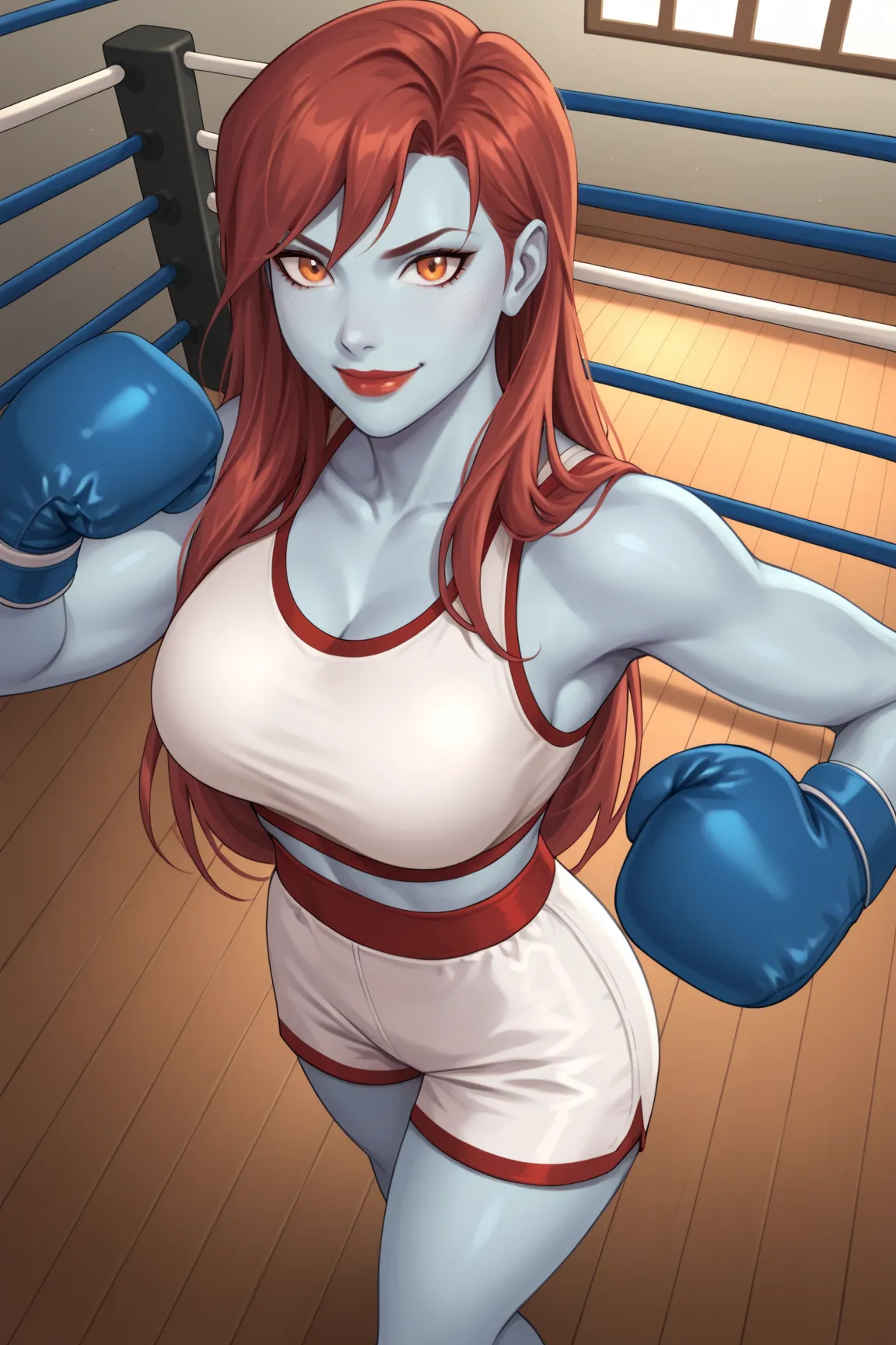 PonyXLV6_Scores BREAK (perfect anatomy, perfect eyes), BREAK mgann morzz, long hair, red hair, colored skin, white skin, orange eyes, makeup, dark red lipstick, ((looking at viewer)), superhero, white sports bra, white boxing gloves, white boxing shorts, c...