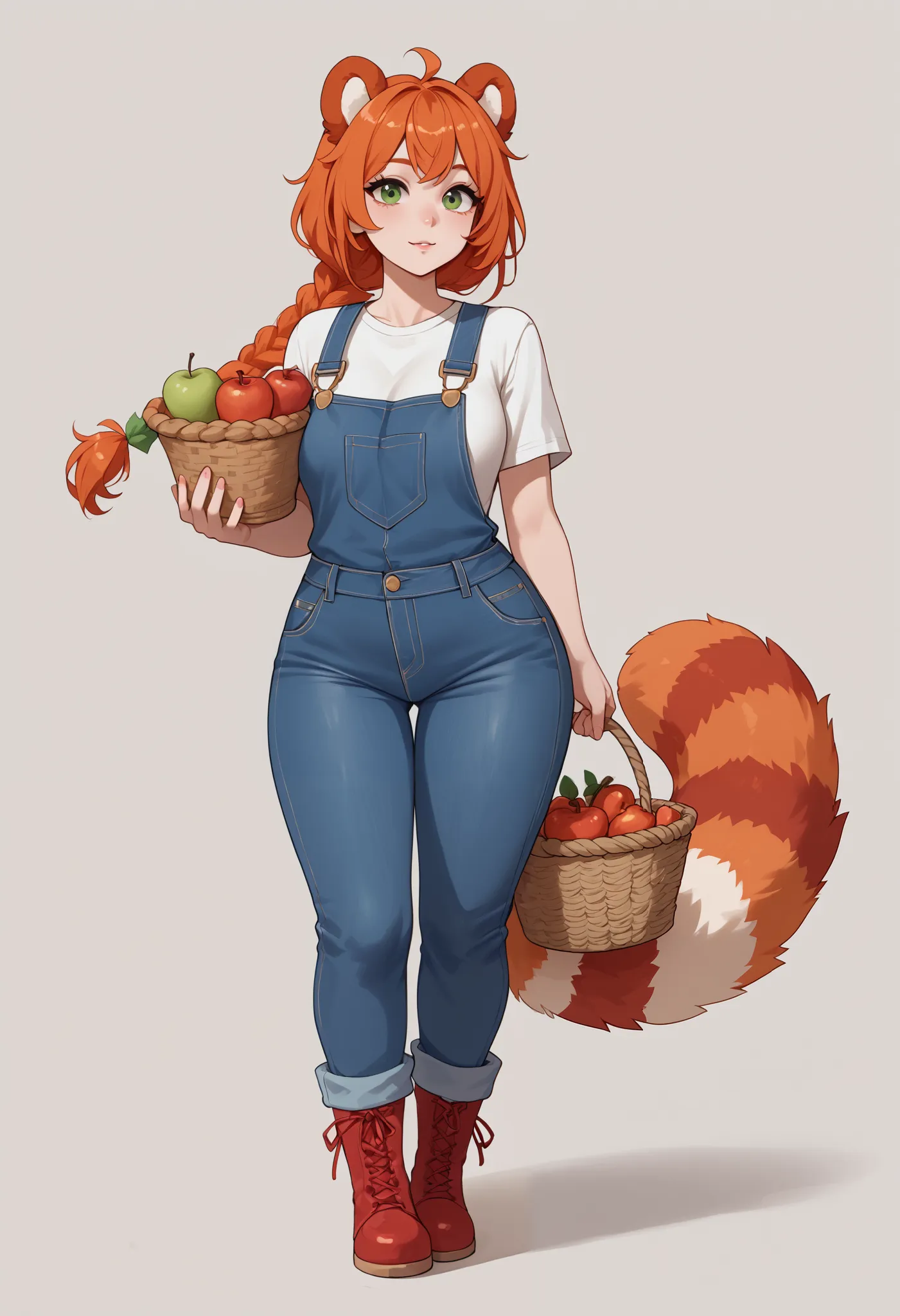 (Masterpiece) (High Detail) (High Res) A short curvy slim Humanoid red_panda Female with tanned human skin and bright green eyes and long braided orange hair and fluffy orange red_panda ears and a long fluffy red_panda tail and medium breasts. She is weari...