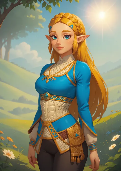 ((princess zelda)), ((botw style)), ((masterpiece)), ((high resolution)), ((solo portrait)), {(attractive figure), (slim waist), (beautiful legs), (yellow braided hair), (pointed elf ears), (cute blue eyes), (long eyelashes), (lush lips), (cute smile)}, {(...