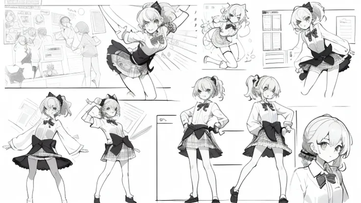 ((monochrome,animation storyboard,explanatory note,Various poses, doodles in margins,Black and white, line drawing)),masterpiece, best quality, highres,(character sheet) aamika, ponytail, hair bow, collarbone, bowtie, collared shirt, white shirt, sleeves r...