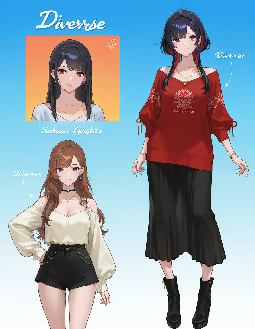 3 adult girls, anime characters, outfit designs, diverse outfits, character design, outfit design, fashion concept art, casual outfits,