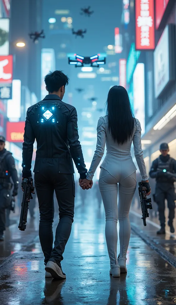 A futuristic couple is walking towards me they are facing the spectator — him wearing a black suit with blue LEDs and holding a technological weapon , She wears a white suit and a technological weapon in her hand — she walks along a street in Seoul illumin...