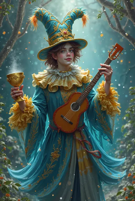 The sorcerer man in clown, brown hair, blue and gold dress with feather in a hat, lute and gold cup in a water background 