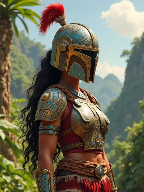 , Live action Disney Princess Moana as a female Mandolorian bounty hunter stylized in her colors, full helmet customized polynesian design, Star Wars, on a the tropical planet Scarif