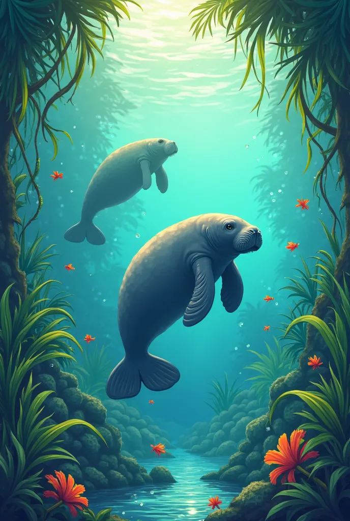 It could generate an environment with grasses and seaweed in the Amazon? preferably with some manatees around and in cartoon style