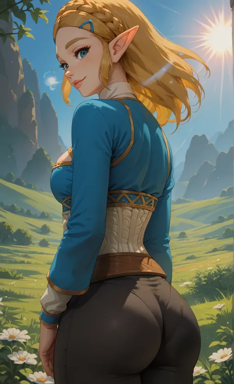 ((princess zelda)), ((botw style)), ((masterpiece)), ((high resolution)), ((solo portrait)), ((back view)), {(attractive figure), (slim waist), (wide hips), (beautiful legs), (yellow braided hair), (pointed elf ears), (cute blue eyes), (long eyelashes), (l...