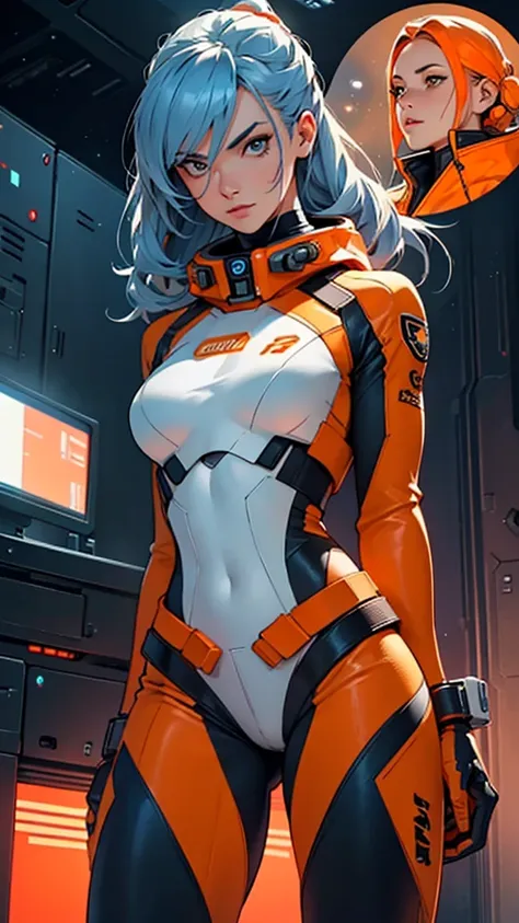 Beautiful cybernetic girl wearing a mobile cybernetic international orange space suit, detailed muscles realistic masterpieces full figure pose (best quality,ultra-detailed), space opera, fair skin, fit body, slim figure, narrow waist, (cocky expression), ...