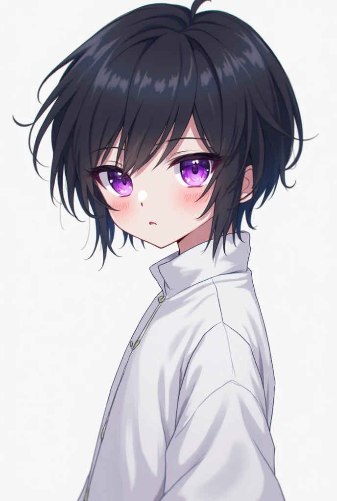 A little anime boy, black hair, Your eyes are purple, your skin is pale, his clothes are white.
