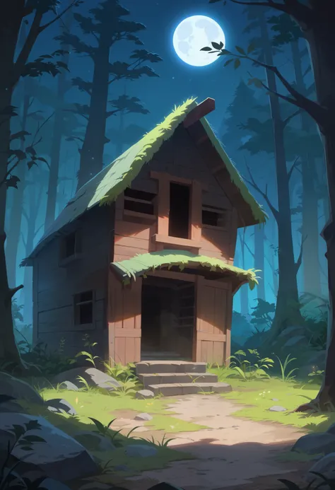 score_9, score_8_up, score_7_up, score_6_up, score_5_up, score_4_up, BREAK source_anime, anime screencap, (in the deep forest:1.1, trees, grasses), exterior, outdoors, (view abandoned hut), nature, (spooky atmosphere, dark atmosphere, dark exterior, dark n...