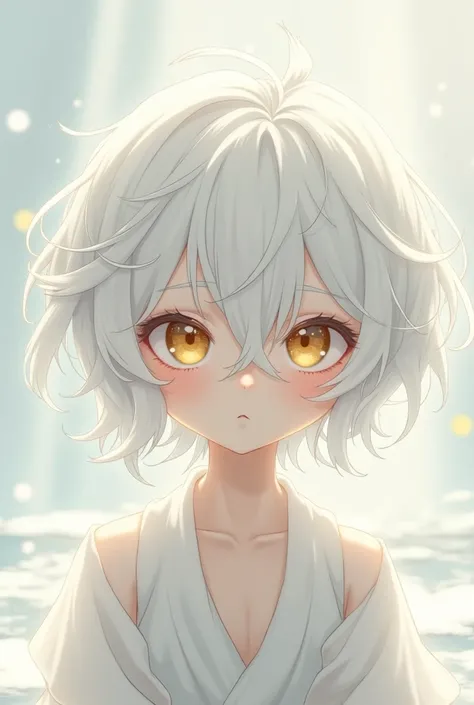 A little anime boy, white hair patterns,  your eyes are golden, your skin is pale, his clothes are white.
