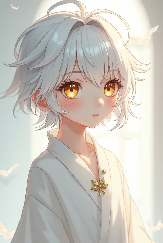 A little anime boy, white hair patterns,  your eyes are golden, your skin is pale, his clothes are white.
