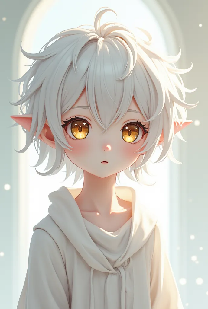 A little anime boy, white hair patterns,  your eyes are golden, your skin is pale, his clothes are white.
