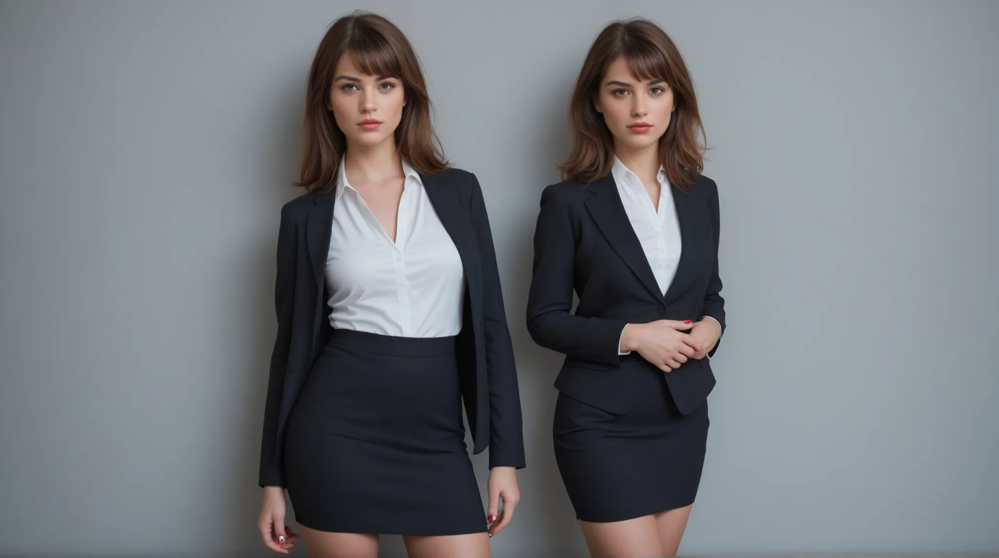 A light red/brown-haired woman, Front smooth bangs hairstyle, shoulder-length hair, Ethnic white, serious look, Business clothes, knee-tipped mini skirt, photorealistic, extremely detailed,  businesswoman,  Focus full body, No nail polish , american woman,...