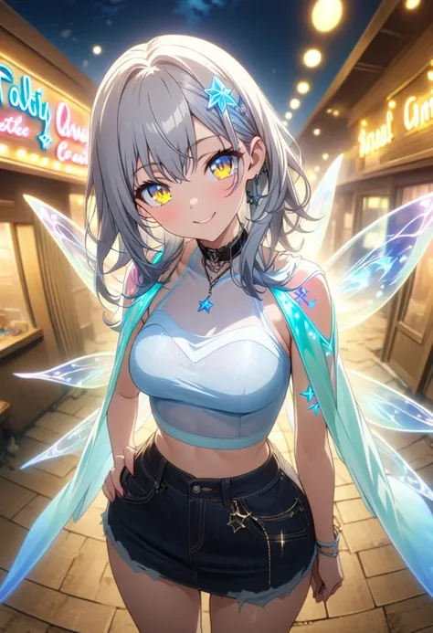 best details、TOP QUALITY、 pretty face、Baby Face、Star Fairy、 blue eyes、 masterpiece, TOP QUALITY, high-definition CG Unity 8K wallpaper, one girl, anime screenshot, Neon tattoos on shoulders and hips, translucent fairy wings with neon lights,  best smile, b...