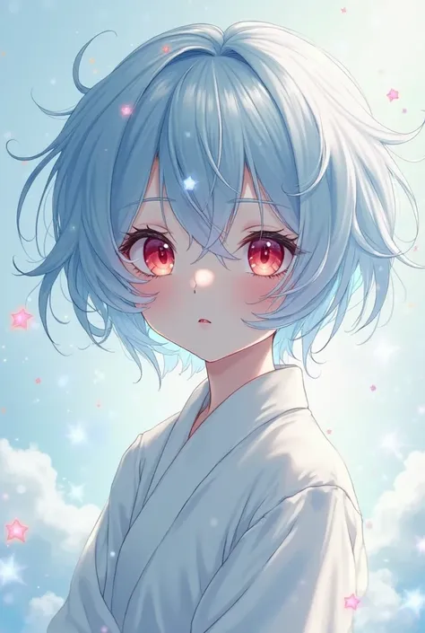 A little anime boy, Silver blue hair, your eyes are red, your skin is pale, his clothes are white.
