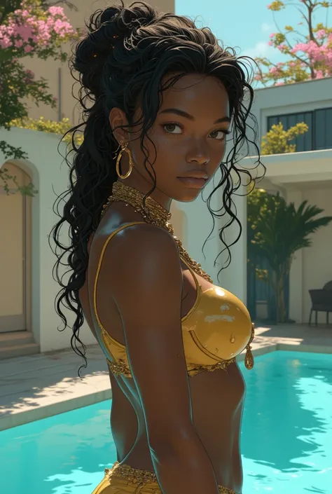 nude black super model full frontal hoop earrings gold hoop chain around her waist poolside nude nude nude black female ninja warrior nude in the dojo hoop earrings luxury , bright lighting , striking , 8k Cinematic Lighting, Delicate Colors), Calm Lightin...