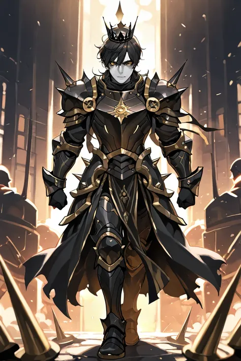 Demigod , man, high, strong, extremely white skin,  golden eyes, black hair, Wear gold and black armor, It has a black crown with spikes.