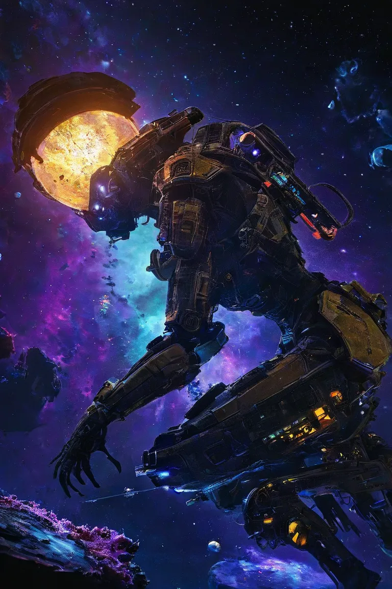 In deep space, a derelict alien warship drifts silently, its hull cracked and overgrown with luminous, coral-like fungi emitting a soft violet glow. Inside, through a massive breach, a scavenger in a patchwork exosuit with glowing yellow joints explores, h...